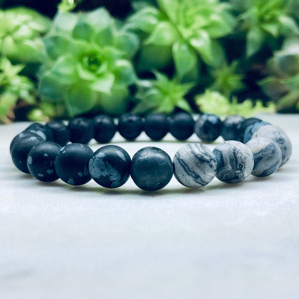 Snowflake Obsidian +Mapstone Jasper + Black Lava Bead Diffuser Bracelet | 6mm | 8mm | Natural | Healing | Calming | Grounding | For Him