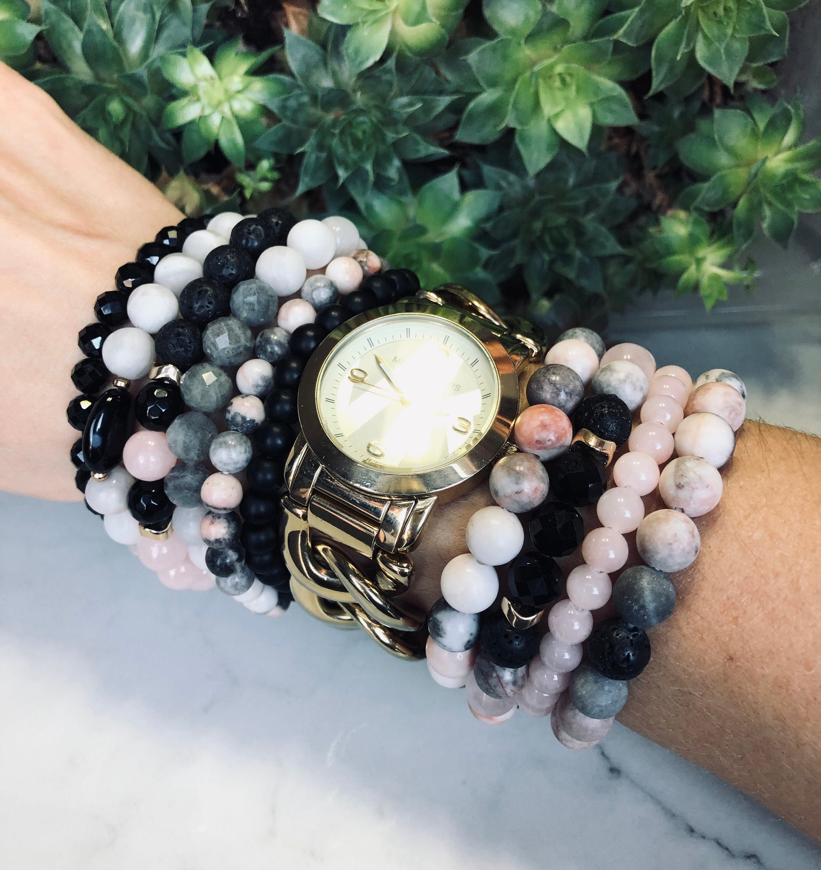 Fukugems Bracciale Yoga In Pietre Naturali - Zebra Jasper Rosa, Lava E Perla Tibetana Per Meditazione E Umore Positivo - 3