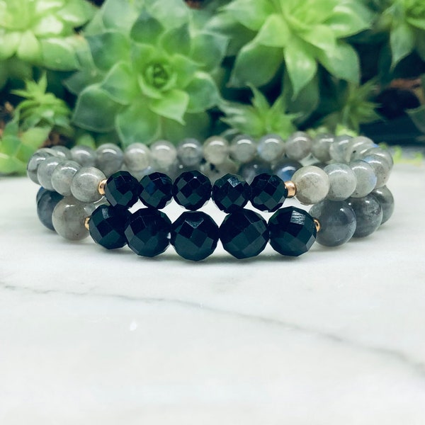 Polished Moonstone + Faceted Black Tourmaline Gemstone Beaded Bracelet with 18K Gold Plated Spacers | 6mm | 8mm | Healing | Stretchy