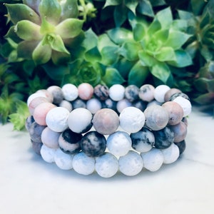 Rosa Zebra Jaspis Edelstein + Lava Perle Diffusor Armband | 6mm | 8mm | Natürliche | Heilung | Yoga | Beruhigende | Dehnbare | Aromatherapie