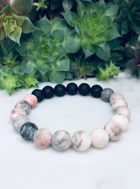 Fukugems Braccialetto Yoga In Pietra Lavica E Zebra Jasper Rosa – Chakra Meditazione Uomo/Donna