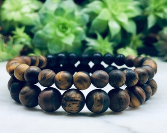 Tigers Eye Gemstone + Lava Bead Diffuser Bracelet | 6mm | 8mm | Healing | Natural | Balancing | Men Jewelry | Aromatherapy | Stretchy