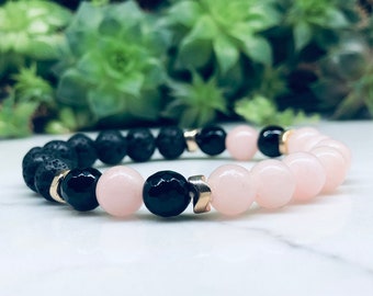 Pink Chalcedony + Black Onyx Agate Gemstones + Black Lava Bead Diffuser Bracelet with Gold Hematite Spacers | 8mm Peace | Healing | Jewelry