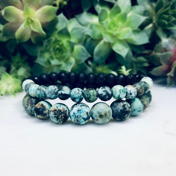 African Turquoise Gemstone + Lava Bead Diffuser Bracelet | 6mm | 8mm | Natural | Healing | Grounding | Aromatherapy | Stretchy | Men