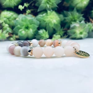 Botswana Agate + Pink Aventurine Gemstone Beaded Bracelet with Gold Hematite Spacers | 8mm | Concentration | Balance | Growth | Tree charm