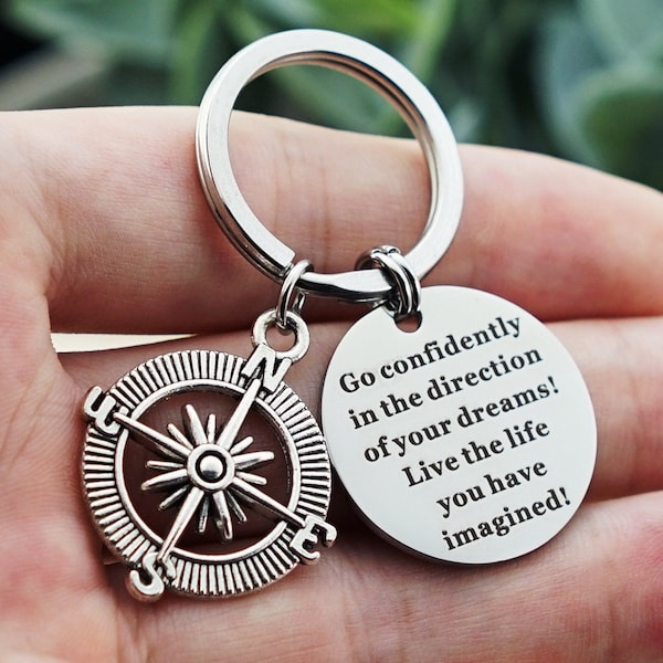 Compass Keychain,Custom Keychain,Engraved Keyring,Travel Keychain adventure,inspired keychain,good luck at university gift For Men Women