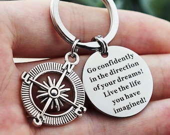 Compass Keychain,Custom Keychain,Engraved Keyring,Travel Keychain adventure,inspired keychain,good luck at university gift For Men Women