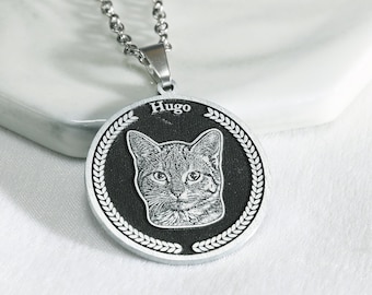 25mm Sterling Silver/Titanium Custom Pet Portrait Necklace,Pet Memorial Necklace,Engraved Cat Dog Photo Necklace,Picture Round Necklace