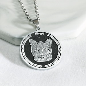 25mm Sterling Silver/Titanium Custom Pet Portrait Necklace,Pet Memorial Necklace,Engraved Cat Dog Photo Necklace,Picture Round Necklace