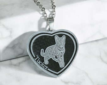 Sterling Silver/Titanium Custom Pet Portrait Necklace,Pet Memorial Necklace,Engraved Cat Dog Photo Necklace,Picture Heart Necklace