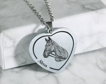 25mm Sterling Silver/Titanium Custom Pet Portrait Necklace,Pet Memorial Necklace,Engraved Cat Dog Photo Necklace,Picture Heart Necklace