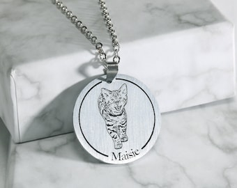 25mm Sterling Silver/Titanium Custom Pet Portrait Necklace,Pet Memorial Necklace,Engraved Cat Dog Photo Necklace,Picture Round Necklace