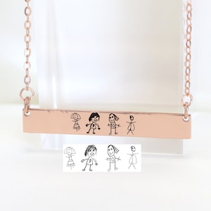 Sterling Silver Actual Kids Drawing Necklace for Mom,Children Artwork Necklace,Custom Kid Art Gift,Handwriting Bar Necklace,Mom Gift