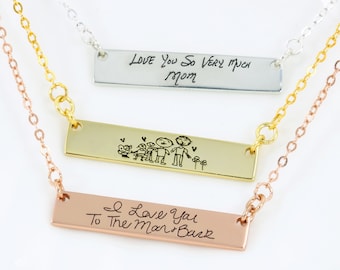 Sterling Silver Engraved Actual Handwriting Necklace for Mom,Custom Signature Necklace,Custom Handwriting Necklace,Bar Necklace,Mom Gift