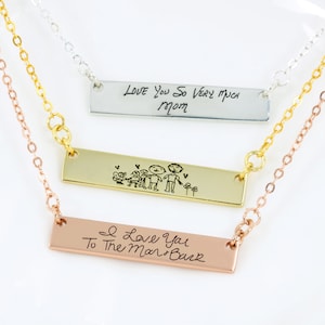 Sterling Silver Engraved Actual Handwriting Necklace for Mom,Custom Signature Necklace,Custom Handwriting Necklace,Bar Necklace,Mom Gift
