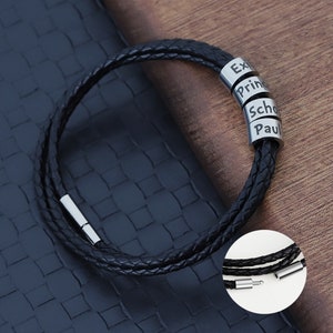 Pulsera personalizada con nombres de familia - Pulsera de cuero trenzado para hombre - Pulsera con nombre de cuentas grabadas - Pulsera para papá - Pulsera personalizada para hombre