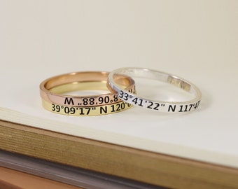 Custom Coordinate Ring,Latitude Longitude Ring,GPS Location Ring,Stacking Rings,Wedding Band,Couples Ring,Anniversary Gifts,Gift For Him&Her