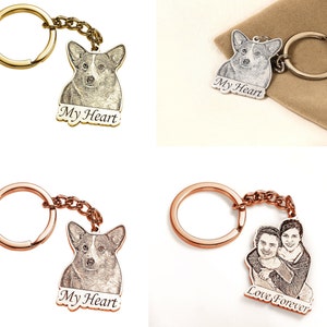 Sliver Pet Portrait Keychain,Personalized Pet Dog Memorial Keyring,Engraved Photo keychain,Custom Lover Gift,Pet Memorial Gift,Dog Keychain Text on Front