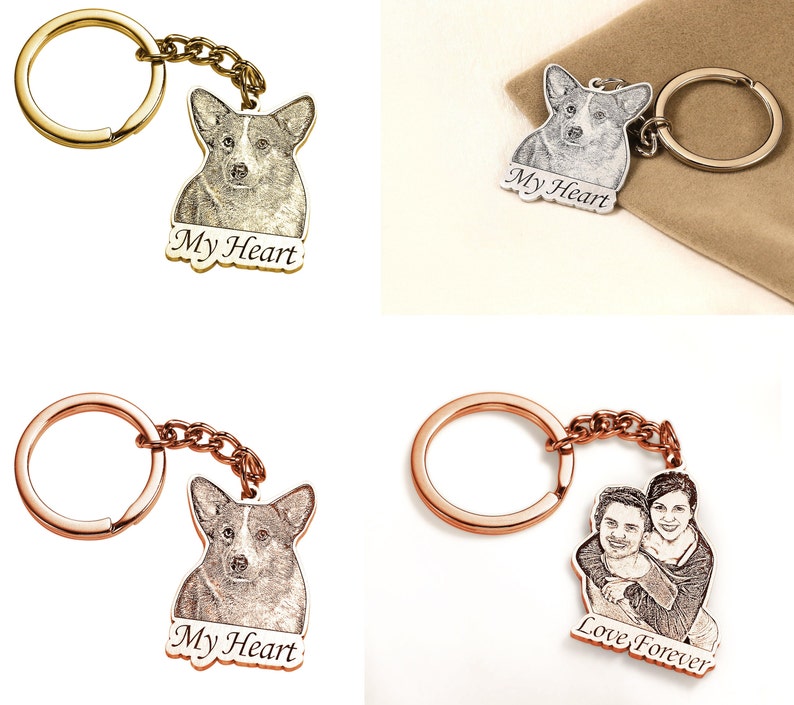 Sliver Pet Portrait Keychain,Personalized Pet Dog Memorial Keyring,Engraved Photo keychain,Custom Lover Gift,Pet Memorial Gift,Dog Keychain Text on Front