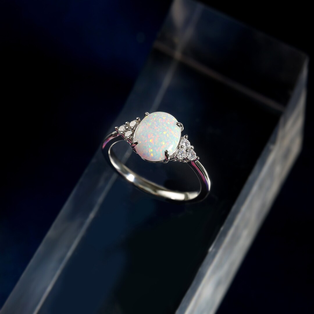 Fire Opal Ring,oval Opal Ring,white Opal Ring,october Birthstone