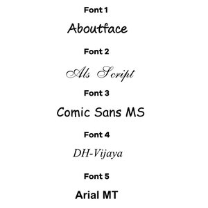 Pu&ograve; includere: Una guida visiva a cinque font diversi: Aboutface, Als Script, Comic Sans MS, DH-Vijaya e Arial MT.