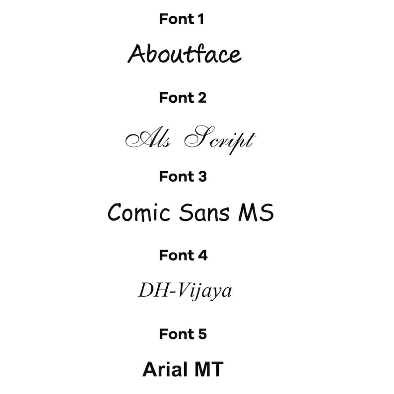 Pu&ograve; includere: Una guida visiva a cinque font diversi: Aboutface, Als Script, Comic Sans MS, DH-Vijaya e Arial MT.