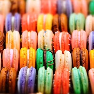 Peut inclure: Une collection colorée de macarons aux teintes variées, notamment vert, orange, rose, violet et marron. Ces douceurs sont disposées de près, mettant en valeur leur forme ronde et leurs garnitures crémeuses. L'image met en évidence la variété des saveurs et des couleurs.
