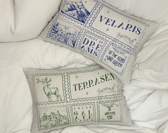 ACOTAR et coussin trône de verre | Coussin recto-verso Velaris et Terrasen, cadeau livresque, art déco Sarah J Maas sous licence SJM Merch