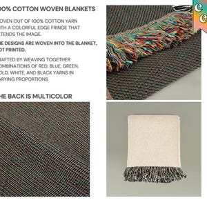 May include: A woven cotton blanket with a multicolored fringe. The blanket features a woven design with red, blue, green, gold, white, and black yarns. The back of the blanket is also multicolored. The text on the image says "100% Cotton Woven Blankets".