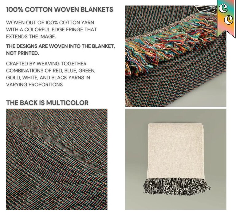 May include: A woven cotton blanket with a multicolored fringe. The blanket features a woven design with red, blue, green, gold, white, and black yarns. The back of the blanket is also multicolored. The text on the image says "100% Cotton Woven Blankets".