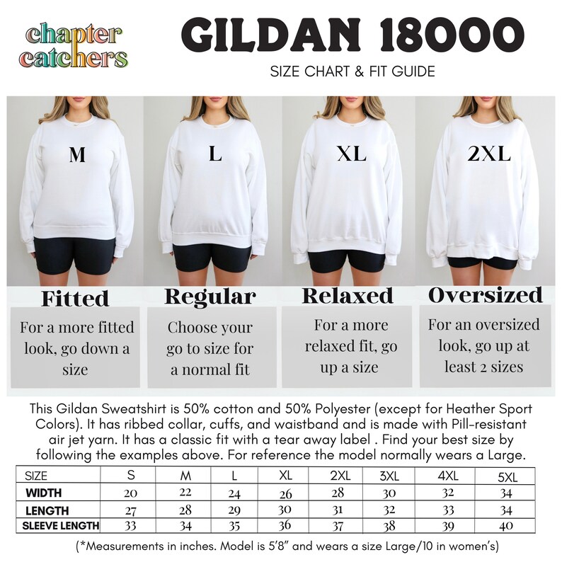 Puede incluir: Tabla de tallas para sudaderas Gildan 18000, que muestra diferentes opciones de ajuste: ajustado, regular, holgado y extragrande. La tabla incluye medidas de ancho, largo y largo de manga en pulgadas para las tallas S a 5XL.