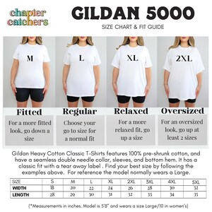 May include: Gildan 5000 size chart and fit guide for t-shirts. The chart shows the measurements in inches for different sizes, from small to 5XL, including width and length. The chart also includes descriptions of the different fits: fitted, regular, relaxed, and oversized.