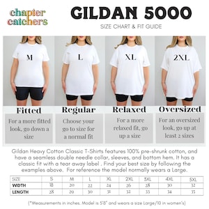 May include: Gildan 5000 size chart and fit guide for t-shirts. The chart shows the measurements in inches for different sizes, from small to 5XL, including width and length. The chart also includes descriptions of the different fits: fitted, regular, relaxed, and oversized.