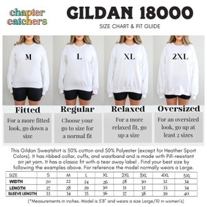 May include: Size chart for Gildan 18000 sweatshirts, showing different fit options: fitted, regular, relaxed, and oversized. The chart includes measurements for width, length, and sleeve length in inches for sizes S through 5XL.