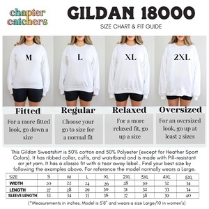 May include: Size chart for Gildan 18000 sweatshirts, showing different fit options: fitted, regular, relaxed, and oversized. The chart includes measurements for width, length, and sleeve length in inches for sizes S through 5XL.