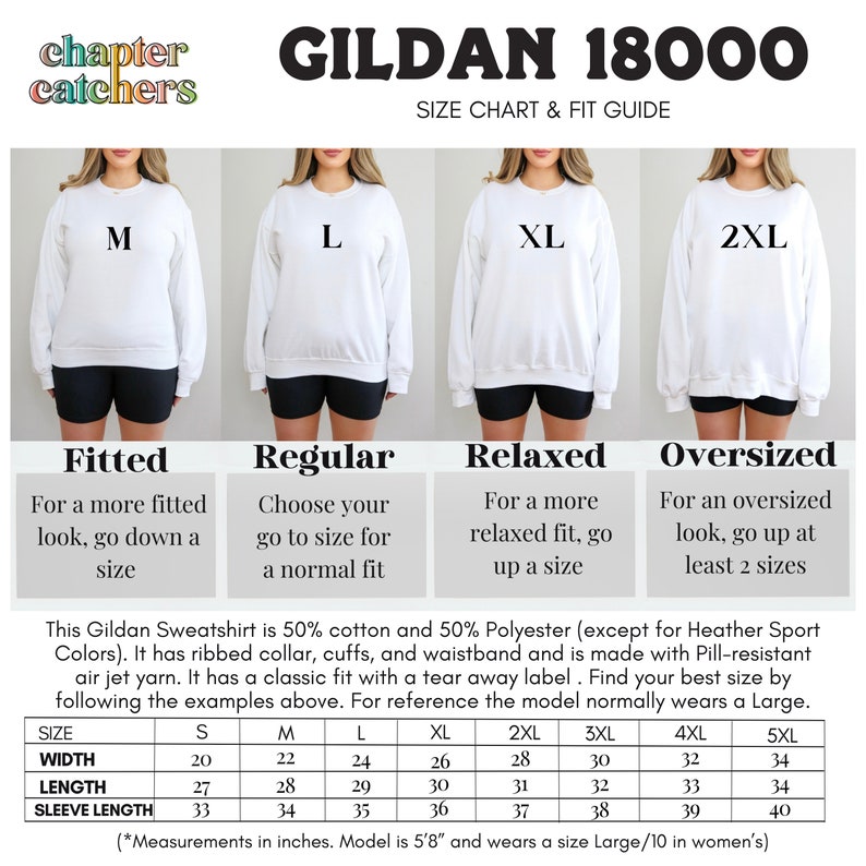 May include: Size chart for Gildan 18000 sweatshirts, showing different fit options: fitted, regular, relaxed, and oversized. The chart includes measurements for width, length, and sleeve length in inches for sizes S through 5XL.