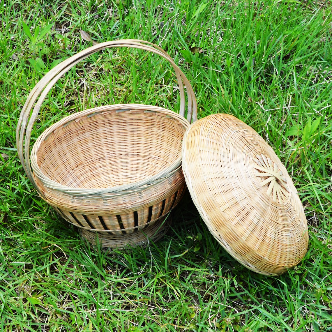 Hand Woven Bamboo Basket With Lid And Handle Natural Etsy Uk