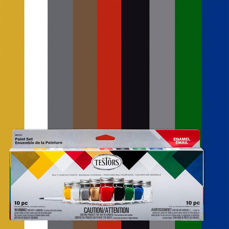 May include: A paint set with ten small jars of enamel paint in various colors, including yellow, white, gray, brown, red, black, green, and blue. The box reads "Paint Set" and "Multi-Surface Paints".