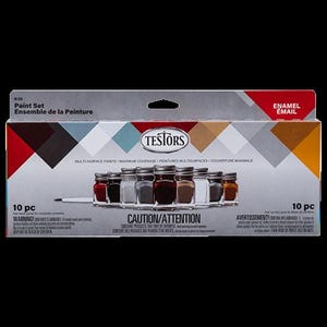 May include: A paint set by Testors, featuring 10 small jars of enamel paint in various colors. The packaging includes the text "Paint Set" and "Multi-Surface Paints". A small paintbrush is also included.