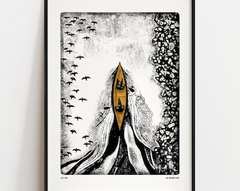 LAKE FLIGHT Digital Art Print: Canoe, Mountain Birds, Kayak Poster A4, A3, A2, A1