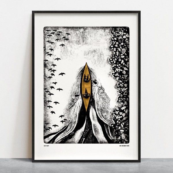 LAKE FLIGHT Digital Art Print: Canoe, Mountain Birds, Kayak Poster A4, A3, A2, A1