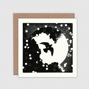 May include: Black and white illustration of a bird flying in front of a white circle with a black background. The circle is surrounded by a ring of white dots.