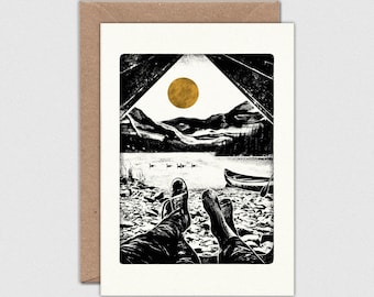 Tarjeta con sobre SHORELINE: Lago, Montañas, Camping, Aves, Tamaño A6 (105 x 148 mm)