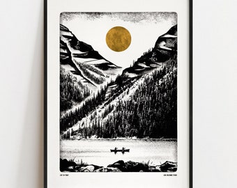 LOST IN TODAY Digital Art Print: Canoe, Mountain, Lake, Kayak Poster A4, A3, A2, A1