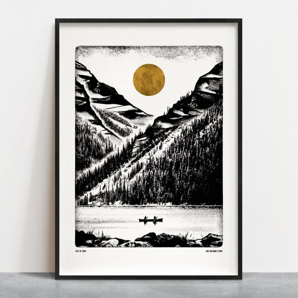 LOST IN TODAY Digital Art Print: Canoe, Mountain, Lake, Kayak Poster A4, A3, A2, A1