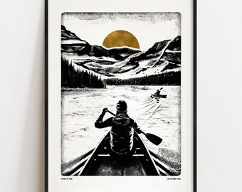 BEYOND THE SHORE Digital Art Print: Canoe, Mountains, Lake, Kayak Poster A4, A3, A2, A1