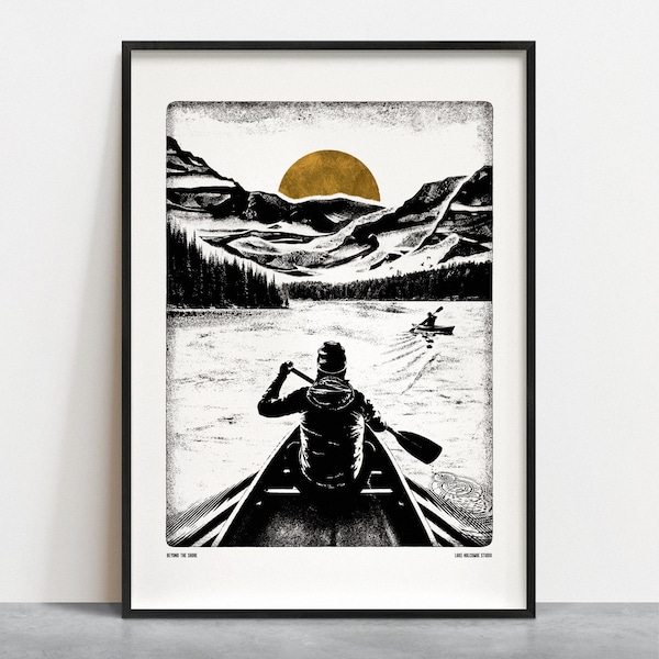 BEYOND THE SHORE Digital Art Print: Canoe, Mountains, Lake, Kayak Poster A4, A3, A2, A1