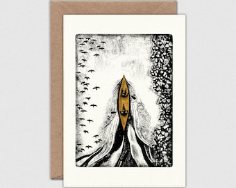 LAKE FLIGHT Note Card with Envelope: Landscape, Canoe, Kayak, Watersports, Birds, A6 Size (105 x 148mm)