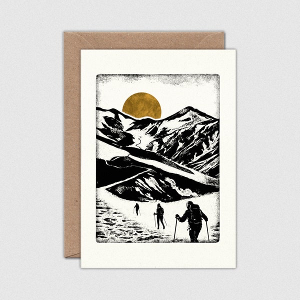 NEW FRONTIERS Note Card with Envelope: Winter Hike Skiing Mountains, A6 Size (105 x 148mm)