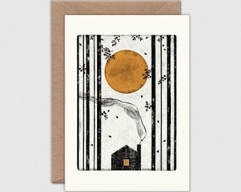 SMOKY CABIN Note Card with Envelope: Winter Forest Cabin Moon, A6 Size (105 x 148mm)